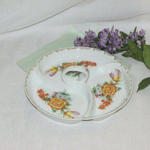 Vintage Serving Dish Round Divided Centre Handle Relish Pickle Plate Cottagecore